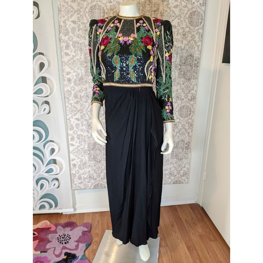 Richilene 1970s 1980s Floral Sequin Embroidered Beaded Gown